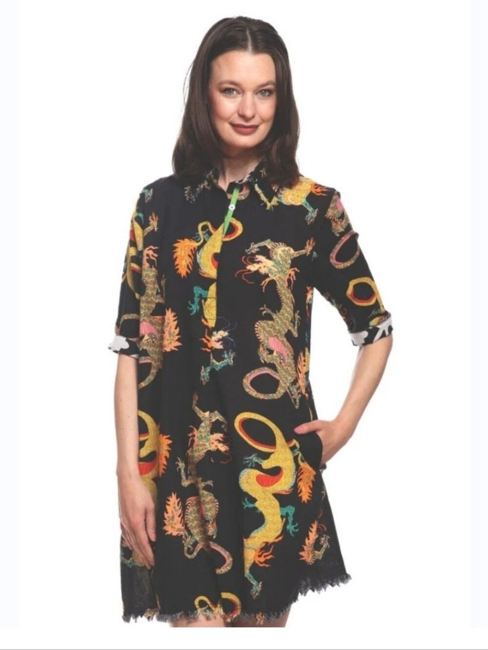 Dizzy Lizzie Black Dragon Print Shirt Dress Size XS Cotton Linen Button Front